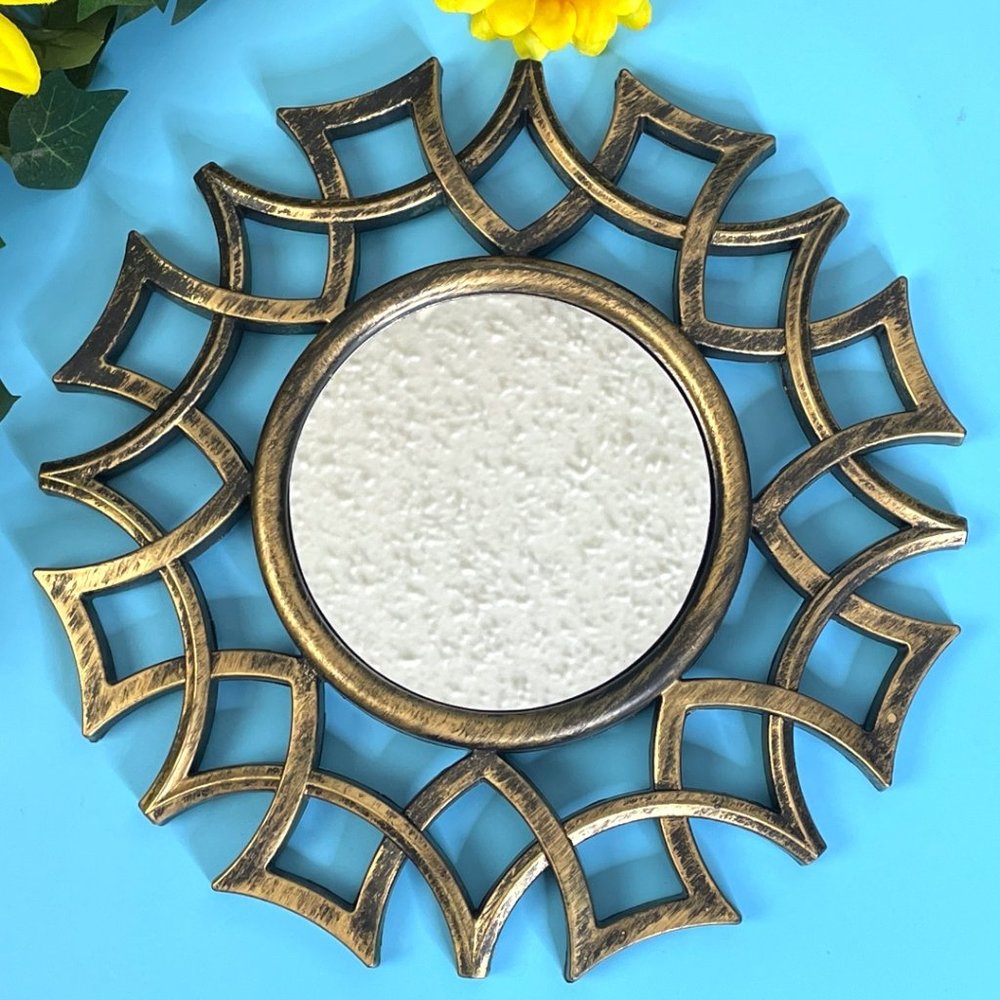 Rustic Sunburst Accent Mirror Antique Look Brushed Gold Finish Home Wall Decor